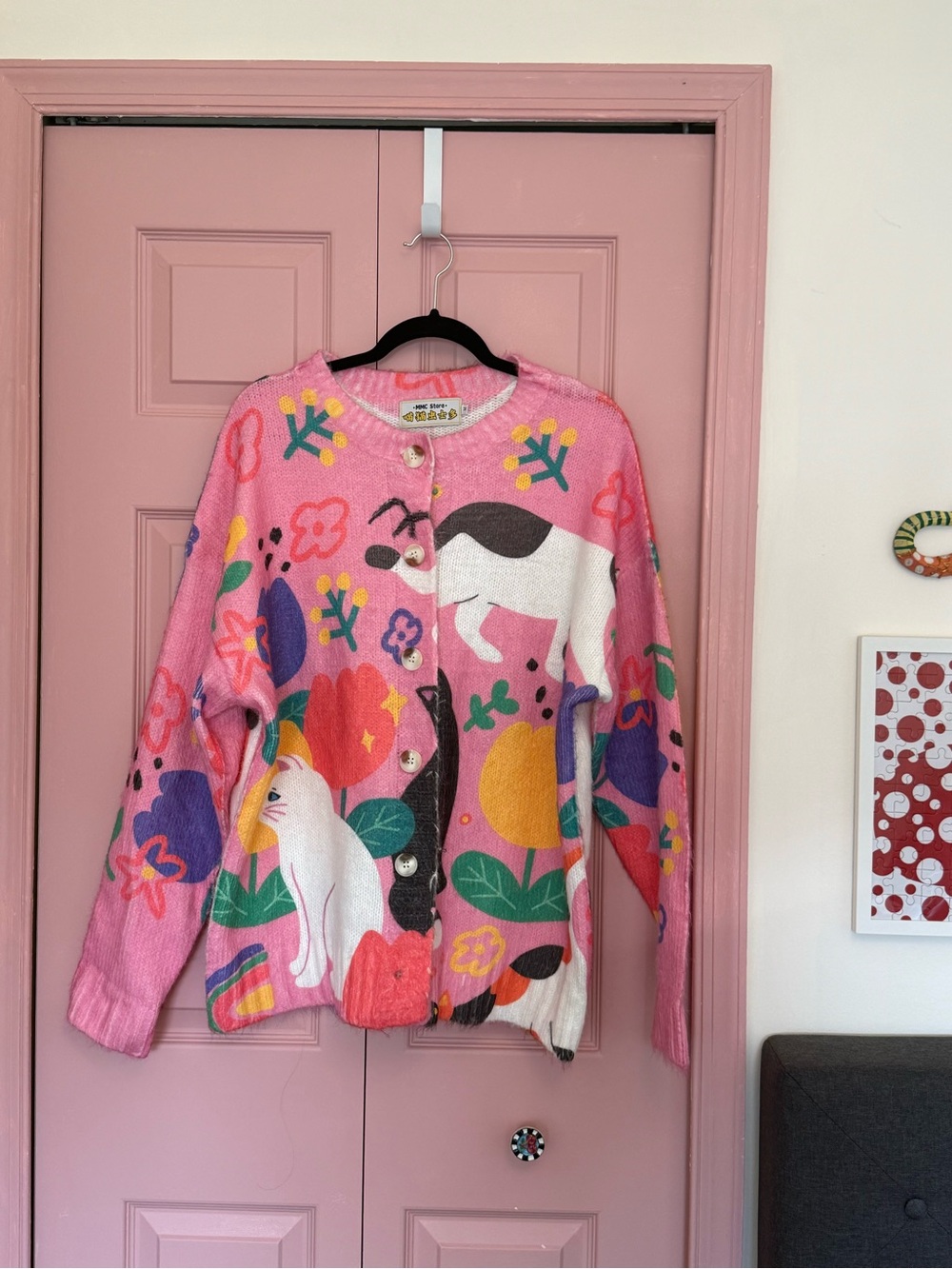 Whimsical Pink Cat-Print Crewneck Sweater - Picture 2 of 5